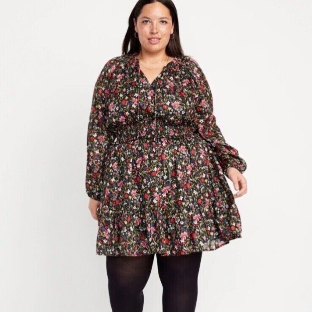NWT Old Navy Waist-Defined Floral Shine Mini Dress in Black Floral Size 2X READ - Picture 2 of 10
